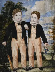 A portrait miniature of two young cricketers by James Warren Childe, Watercolour on ivory, rectangular, sold Aug 2025