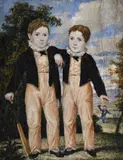 A portrait miniature of two young cricketers by James Warren Childe, Watercolour on ivory, rectangular, sold Aug 2025