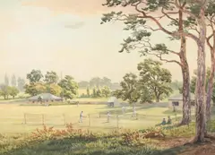 Cricket and tennis at wimbledon by Charles Pyne, Pencil and watercolour, sold Aug 2025