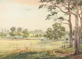 Cricket and tennis at wimbledon by Charles Pyne, Pencil and watercolour, sold Aug 2025