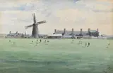 A cricket match by cottages and a windmill by Walter Paris, Pencil and watercolour, sold Aug 2025