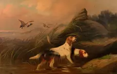 Setters putting up a mallard by Colin Graeme Roe, oil on canvas, sold Jun 2014