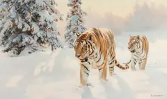 Two Siberian Tigers in Snowy Landscape by Donald Grant, oil on canvas, sold Jun 2014