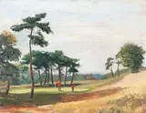Wimbledon Common Featuring two golfers dressed in red jackets on a green with another in the distance. by Russell White, oil on board, offered Jun 2014