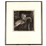 Beim Dengeln (Sharpening the Scythe) (K. 90.XII.a) by Käthe Kollwitz, 1905, Etching, drypoint and sandpaper on wove paper, sold Dec 2023