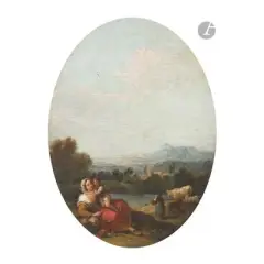 Mère et son enfant dans la campagne italienne by Francesco Zuccarelli, Toile ovale, sold Jun 2026