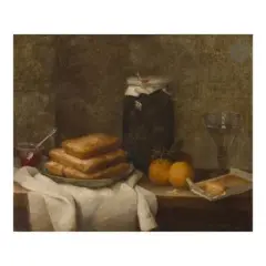 Pot de prunes, gâteaux, confiture et oranges sur un entablement by Anne Vallayer-Coster, 1769, Toile et châssis d'origine, sold Jun 2026