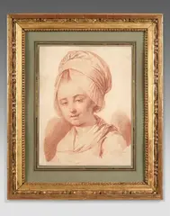 Portrait de jeune femme by Pierre-Alexandre Wille, 1773, Sanguine sur papier préparé, sold Dec 2025