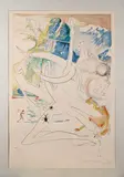 L’Unicorne laser désintègre les cornes de rhinocéros cosmiques. Planche de la série La Conquête du Cosmos. 1974 by Salvador Dalí, Pointe sèche et eau-forte sur chromolithographie, avec embossage, sold Nov 2024