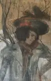 Elegante au chapeau, «Keepsqa d’hiver by Richard Ranft, Pastel sur papier marouflé sur panneau (?) signé en bas à gauche, sold Nov 2024