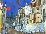 La contrescarpe by Jean-Claude Dragomir, Gouache sur papier signée en bas vers la gauche, sold Nov 2024