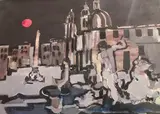 Soleil rouge, Italie by Jean-Claude Dragomir, Gouache et encre sur papier signée en bas vers la droite Dimensions à vue :, sold Nov 2024