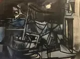 Composition en noir et bleu ou Bateaux sur la plage by Jean-Claude Dragomir, Gouache sur papier signée en bas vers la droite, sold Nov 2024
