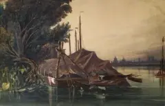 Embarcation dans un paysage fluvial en Italie by William Wyld, Aquarelle, gomme arabique, grattage sur traits de crayon noir Petits trous en haut à gauch, sold Jun 2026