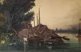 Embarcation dans un paysage fluvial en Italie by William Wyld, Aquarelle, gomme arabique, grattage sur traits de crayon noir Petits trous en haut à gauch, sold Jun 2026