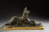 Lionne couchée baillant (circa 1903-1904) by Rembrandt Bugatti, Épreuve en bronze à patine brun vert, sold Apr 2026