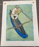 Tahitien sur une pirogue by Francois Ravello, Aquarelle signée , localisée et datée, sold Dec 2025
