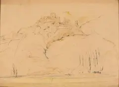 Vue de Château Gaillard by Paul Huet, Crayon noir, lavis brun, sold Mar 2026