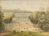 Promeneurs dans le parc du Château de Saint Cloud by Ernest Jaime, Plume et encre grise et brune, aquarelle, sold Mar 2026