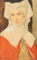 Jeune femme vêtue à la mode médiévale by Élisabeth Sonrel, Crayon, aquarelle et rehauts de gouache sur papier, sold Nov 2025