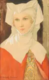 Jeune femme vêtue à la mode médiévale by Élisabeth Sonrel, Crayon, aquarelle et rehauts de gouache sur papier, sold Nov 2025