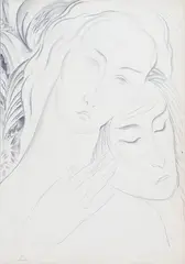 dit LADO. Visages d'un couple by Lado Gudiashvili, Crayon sur papier partiellement contrecollé sur carton bleu-gris, sold Nov 2025