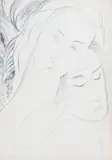 dit LADO. Visages d'un couple by Lado Gudiashvili, Crayon sur papier partiellement contrecollé sur carton bleu-gris, sold Nov 2025