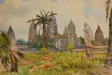 Le Temple d'Angkor Wat by Magdeleine Cécile Popelin, Aquarelle encadrée signée en bas à droite, sold Sep 2025