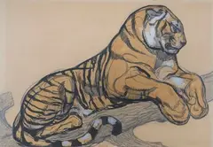 Tigre alllongé sur une branche by Paul Jouve, Crayon, encre de Chine et rehauts de gouache sur papier encadré, sold Sep 2025