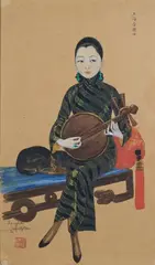 Peintre française d'Asie, diplômée des Arts décoratifs de Paris. La musicienne by Léa Lafugie, Crayon, aquarelle et gouache sur papier encadré, sold Sep 2025