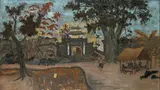 Le gardien de buffle et la porteuse aux abords de la pagode by Nguyen Tien Trinh, 1981, Panneau en bois laqué polychrome à décor d'incrustations de coquilles d'œufs, sold Sep 2025