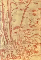 Dalat, paysage arboré aux chevaux by André Maire, 1948, Sanguine sur papier encadrée, sold May 2025
