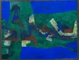 Abstraction en vert, jaune et rouge sur fond bleu by Paul Ackerman, Encre et gouache sur papier, sold Apr 2025
