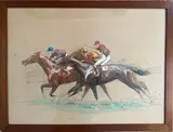 Course hippique à 'Enghien' et 'Chantilly' by Eugène Péchaubès, Lithographie et rehauts de gouache, sold Nov 2025
