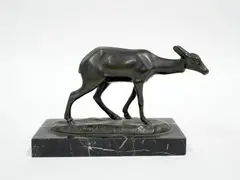 La biche by Irénée Rochard, Bronze à patine vert-brune sur socle en marbre noir veiné Signé sur la terrasse, sold Aug 2026