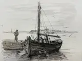 Barque en réparation by Jean Frélaut, Fusain, lavis et aquarelle sur papier Signé en bas à gauche, sold Apr 2024