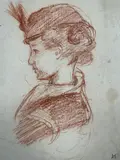 Profil de femme au chapeau by Henry Cros, Sanguine Signée du cachet du monogramme Diverses études de personnages au revers de la feu, sold Apr 2024