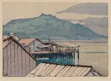 The Waterfront, Alert Bay, B.C. by Walter J. Phillips, colour woodcut on paper, sold Jan 2026