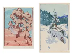 Two Colour Woodblock Prints: "Oak" and "Winter Road" by Walter J. Phillips, colour woodcuts on paper, sold Jan 2026