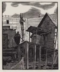 Shacks on the Beach - Karlukwees by Walter J. Phillips, wood engraving on paper, sold Jan 2026