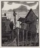 Shacks on the Beach - Karlukwees by Walter J. Phillips, wood engraving on paper, sold Jan 2026
