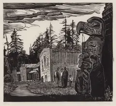 Community Houses, Mamalilicoola, B.C. by Walter J. Phillips, wood engraving on paper, sold Jan 2026