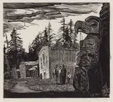 Community Houses, Mamalilicoola, B.C. by Walter J. Phillips, wood engraving on paper, sold Jan 2026