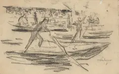 Gemüsemarkt in Delft by Max Liebermann, 1907, Kohle auf Papier, sold Jun 2024