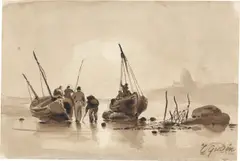 Fischerboote am Strand by Théodore Gudin, Tusche in Braun, laviert, auf Velin, sold Jun 2025