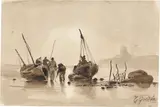 Fischerboote am Strand by Théodore Gudin, Tusche in Braun, laviert, auf Velin, sold Jun 2025