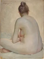 Weiblicher Akt im Schneidersitz by Max Pietschmann, 1893, Öl auf Malpappe, sold Jun 2025