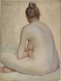 Weiblicher Akt im Schneidersitz by Max Pietschmann, 1893, Öl auf Malpappe, sold Jun 2025