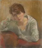 Mädchen mit gemusterter Bluse by Willy Jaeckel, 1925, Pastellkreide und Kohle auf Malkarton, sold Nov 2025