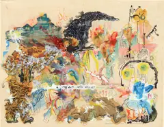 Handbarriere by Bernard Schultze, 1965, Aquarell, Tusche und Collage auf festem Papier, sold Jan 2025